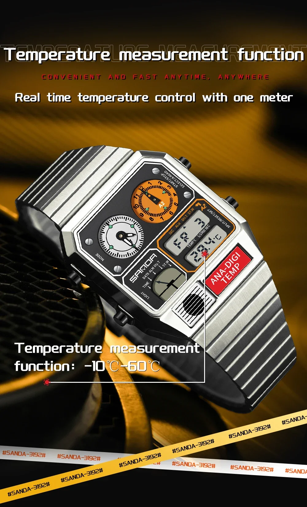 SANDA Top Fashion Men's Leisure Electronic Watch Multifunctional Thermometer Stopwatch Timing Men's Electronic Watch 3192