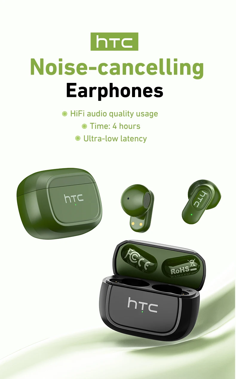 HTC NE51 Bluetooth Earphones TWS Sport Wireless Headphones Long Life with Mic In-Ear Earbuds AI Translator Earbuds