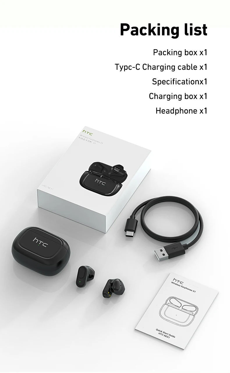 HTC NE51 Bluetooth Earphones TWS Sport Wireless Headphones Long Life with Mic In-Ear Earbuds AI Translator Earbuds