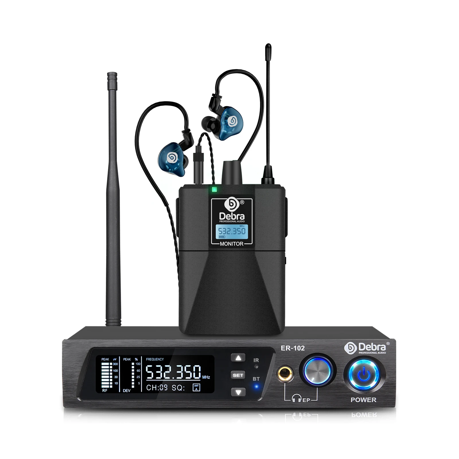 Debra ER-102 Professional Wireless In-Ear Monitor System, UHF band with Bluetooth 5.0 support, for stage performances, drummers