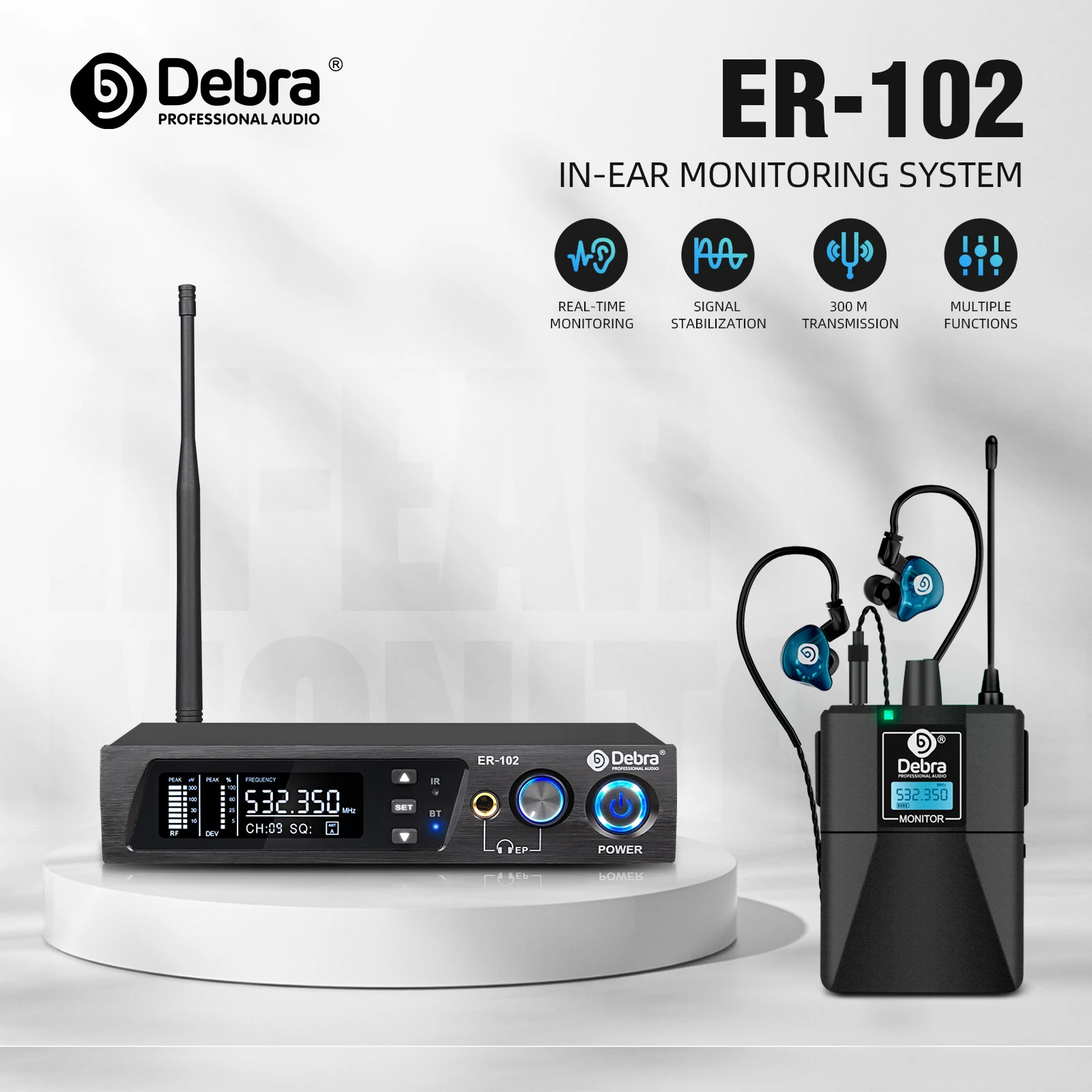 Debra ER-102 Professional Wireless In-Ear Monitor System, UHF band with Bluetooth 5.0 support, for stage performances, drummers