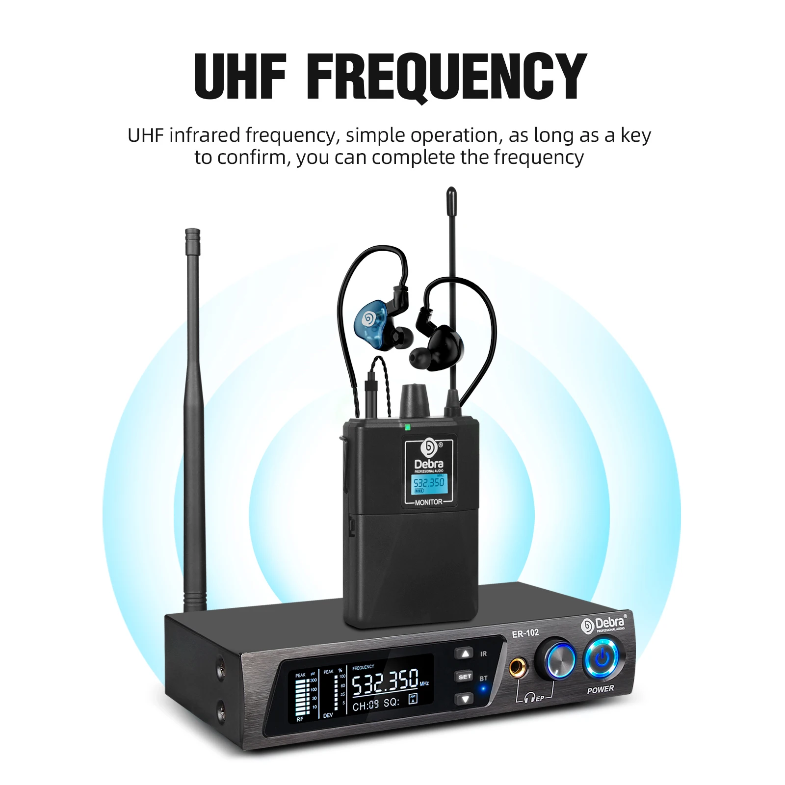 Debra ER-102 Professional Wireless In-Ear Monitor System, UHF band with Bluetooth 5.0 support, for stage performances, drummers