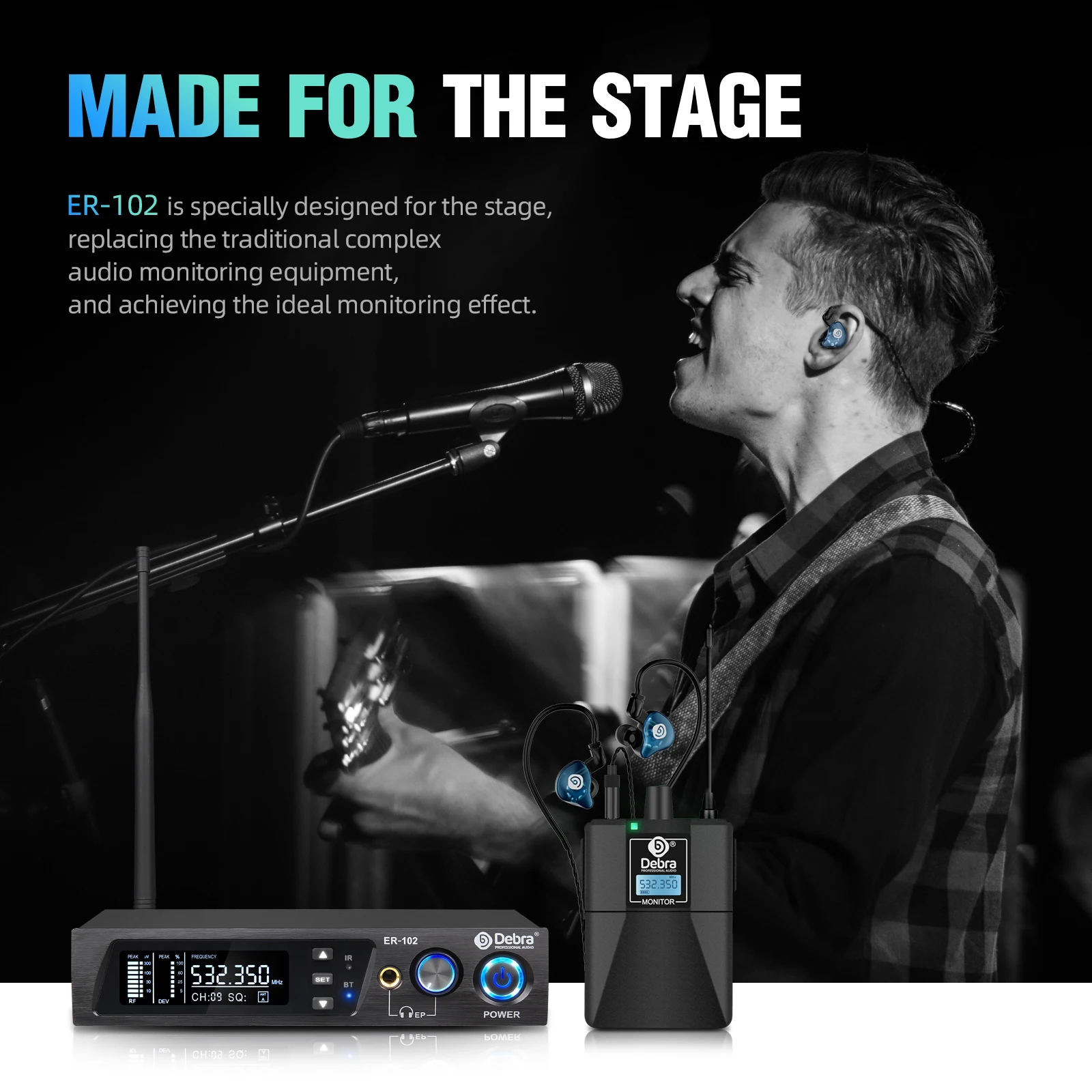 Debra ER-102 Professional Wireless In-Ear Monitor System, UHF band with Bluetooth 5.0 support, for stage performances, drummers