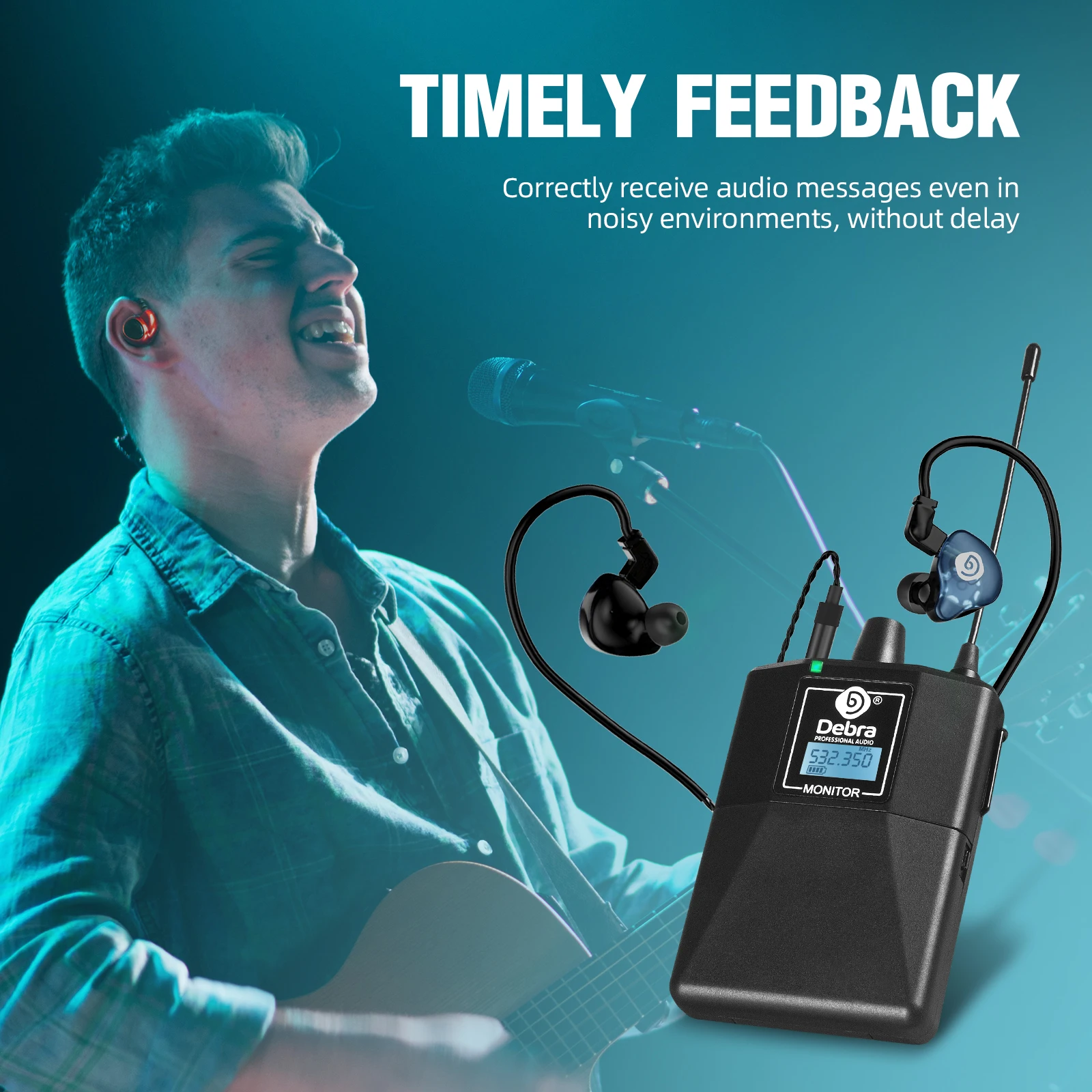 Debra ER-102 Professional Wireless In-Ear Monitor System, UHF band with Bluetooth 5.0 support, for stage performances, drummers