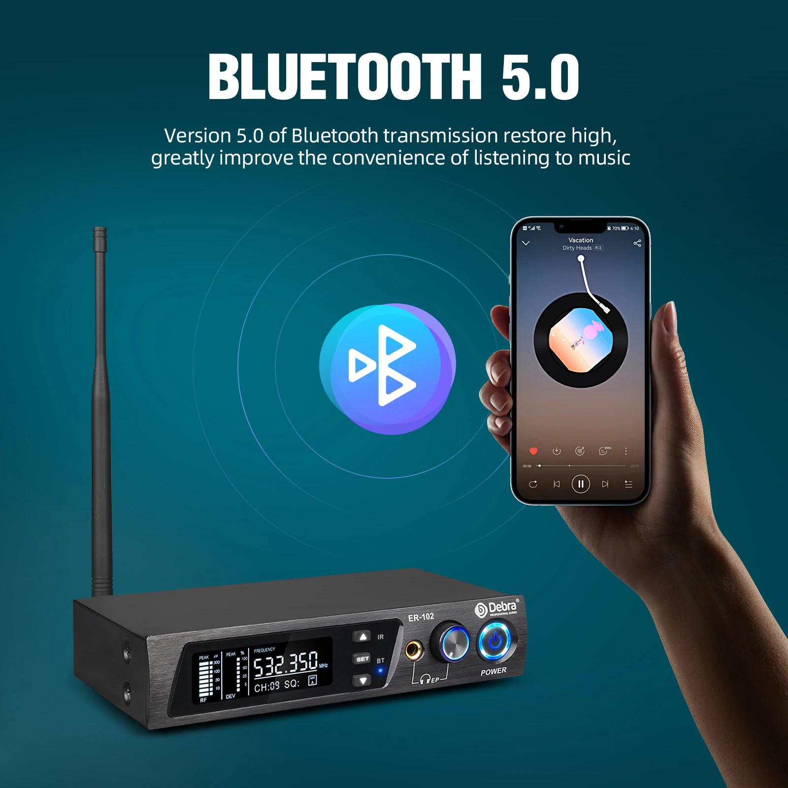 Debra ER-102 Professional Wireless In-Ear Monitor System, UHF band with Bluetooth 5.0 support, for stage performances, drummers