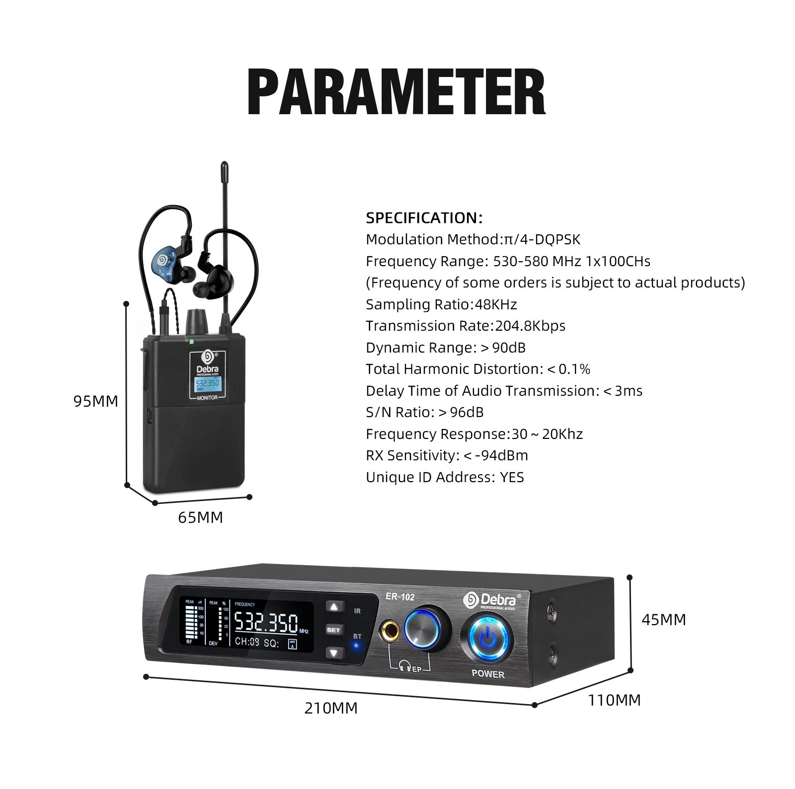 Debra ER-102 Professional Wireless In-Ear Monitor System, UHF band with Bluetooth 5.0 support, for stage performances, drummers