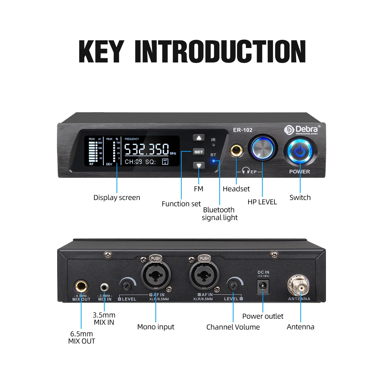 Debra ER-102 Professional Wireless In-Ear Monitor System, UHF band with Bluetooth 5.0 support, for stage performances, drummers