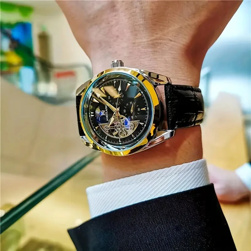 Luxurious Men's Automatic Mechanical Watch, with a Cool Hemispherical Design, Best-Selling Men's Watch, Moon Phase Pointer, Skeleton Design, the Best Gift for Him, No Batteries Required