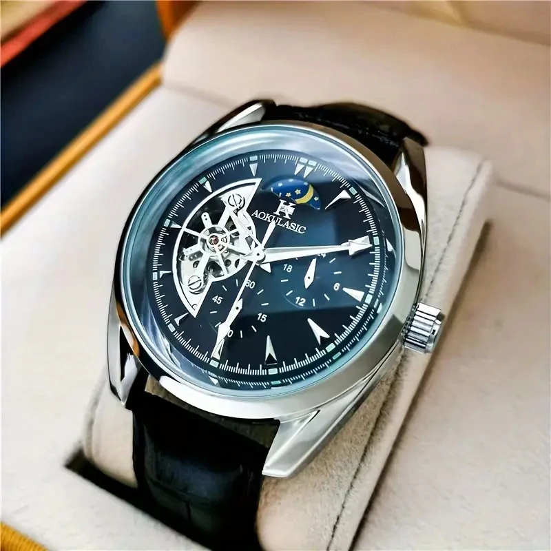 Luxurious Men's Automatic Mechanical Watch, with a Cool Hemispherical Design, Best-Selling Men's Watch, Moon Phase Pointer, Skeleton Design, the Best Gift for Him, No Batteries Required