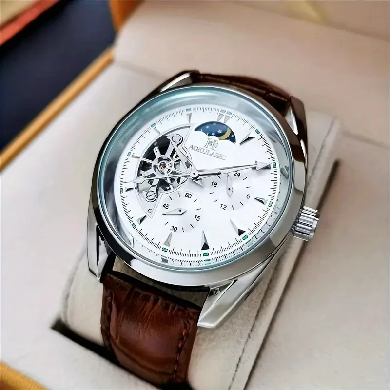 Luxurious Men's Automatic Mechanical Watch, with a Cool Hemispherical Design, Best-Selling Men's Watch, Moon Phase Pointer, Skeleton Design, the Best Gift for Him, No Batteries Required
