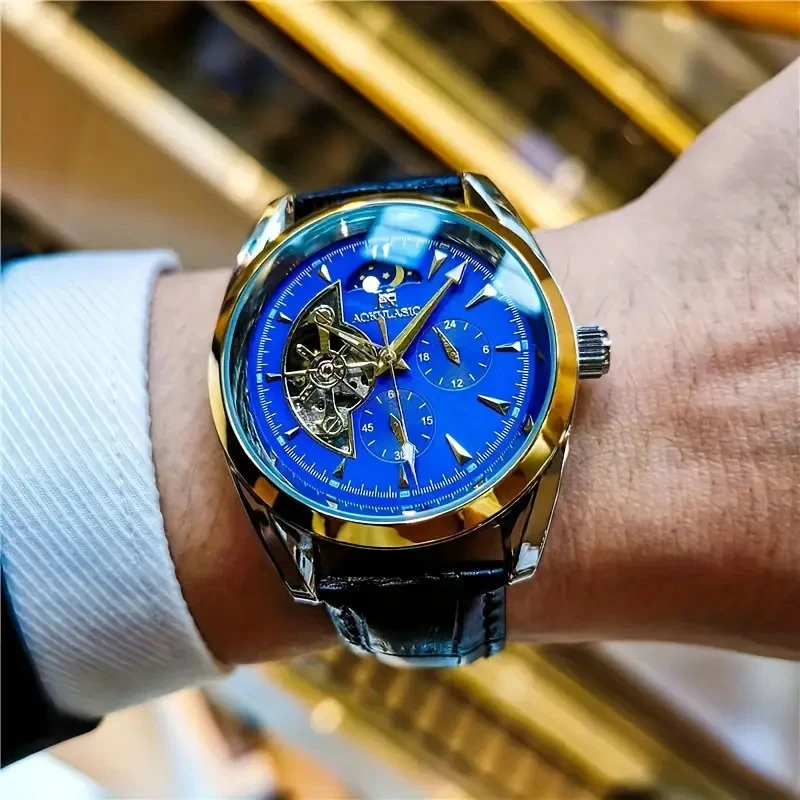 Luxurious Men's Automatic Mechanical Watch, with a Cool Hemispherical Design, Best-Selling Men's Watch, Moon Phase Pointer, Skeleton Design, the Best Gift for Him, No Batteries Required