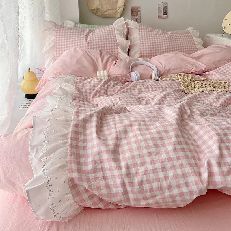 3 Piece Sheet Set Pink Plaid Duvet Cover Set, Comfortable Bedding Set Bedspread for All Season