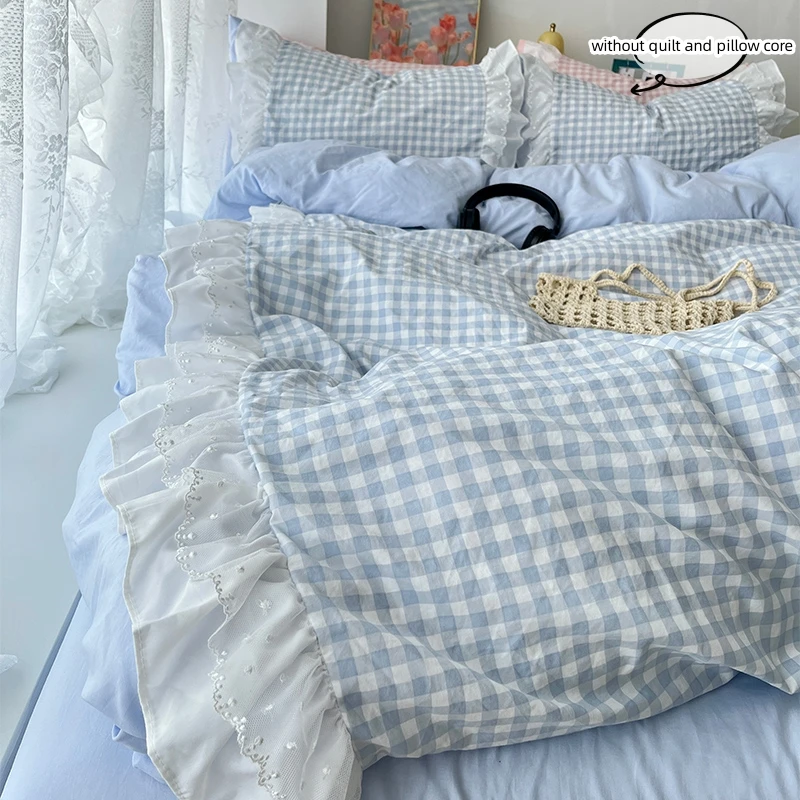 3 Piece Sheet Set Pink Plaid Duvet Cover Set, Comfortable Bedding Set Bedspread for All Season