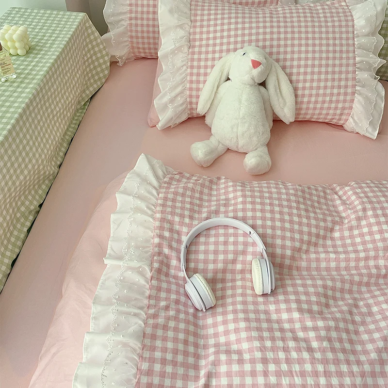 3 Piece Sheet Set Pink Plaid Duvet Cover Set, Comfortable Bedding Set Bedspread for All Season