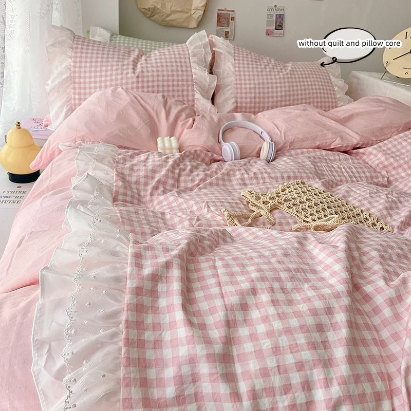 3 Piece Sheet Set Pink Plaid Duvet Cover Set, Comfortable Bedding Set Bedspread for All Season