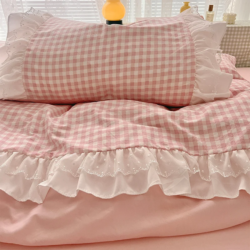 3 Piece Sheet Set pink plaid duvet cover Set , comfortable Bedding Set Bedspread for All Season