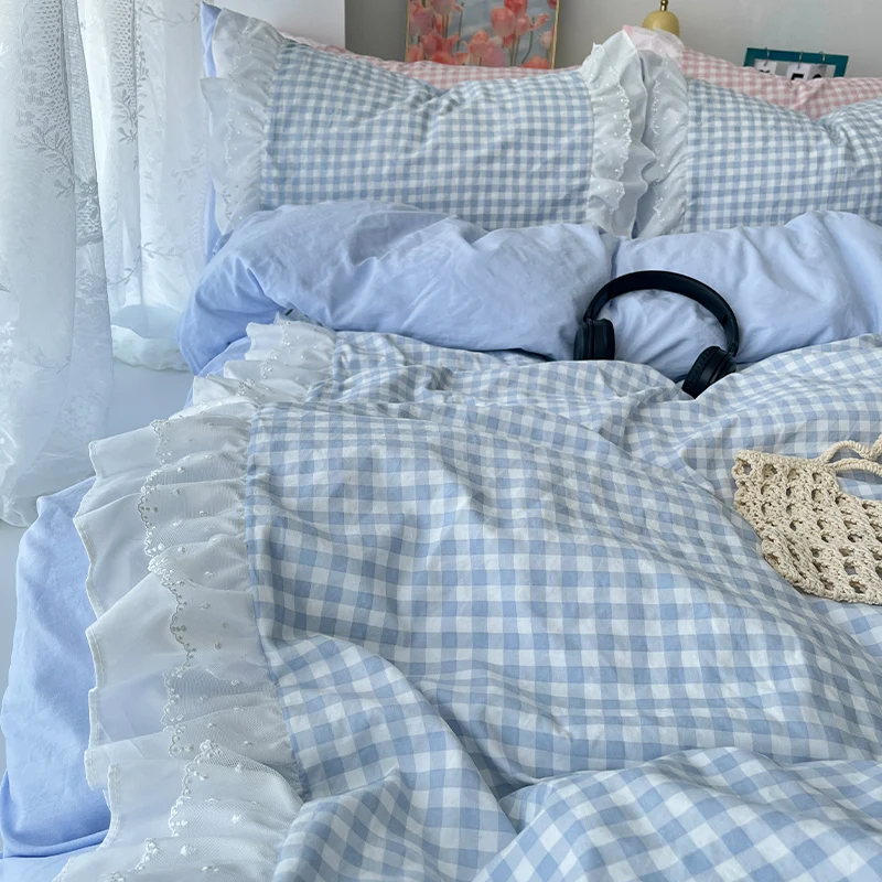 3 Piece Sheet Set Pink Plaid Duvet Cover Set, Comfortable Bedding Set Bedspread for All Season