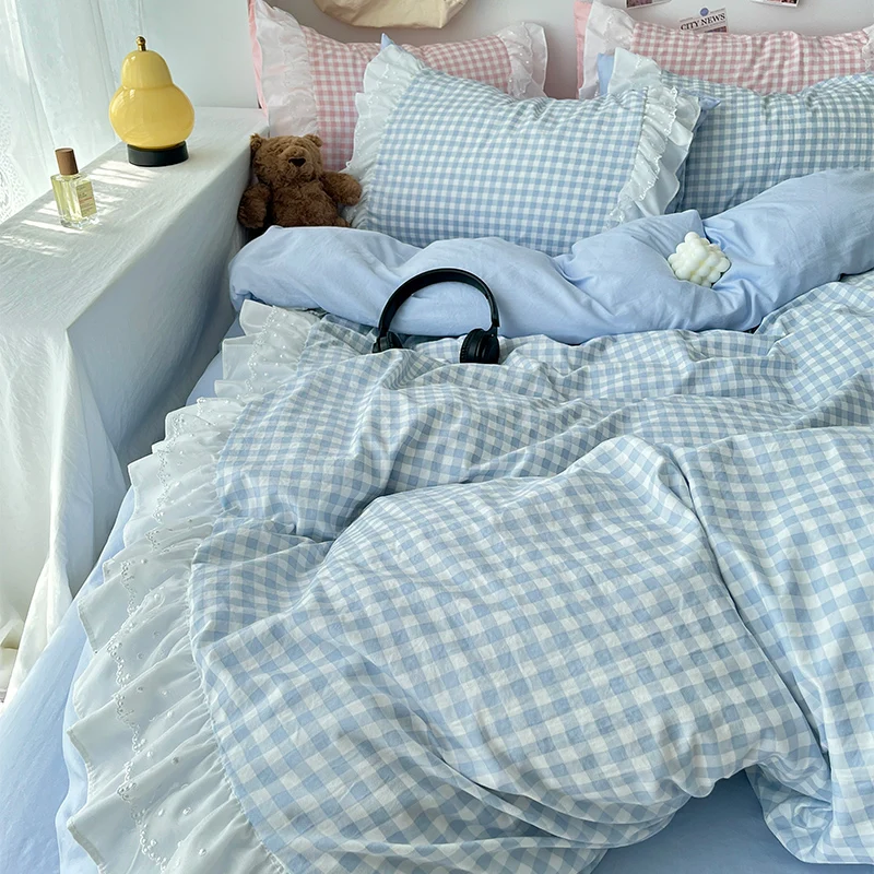 3 Piece Sheet Set Pink Plaid Duvet Cover Set, Comfortable Bedding Set Bedspread for All Season