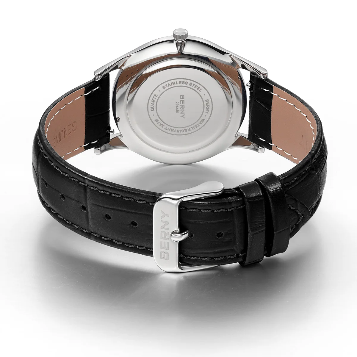 BERNY Watches for Men Luxury Slim Classic Stylish Dress Quartz Watch Stainless Steel Case Elegance Leather Band Wristwatch