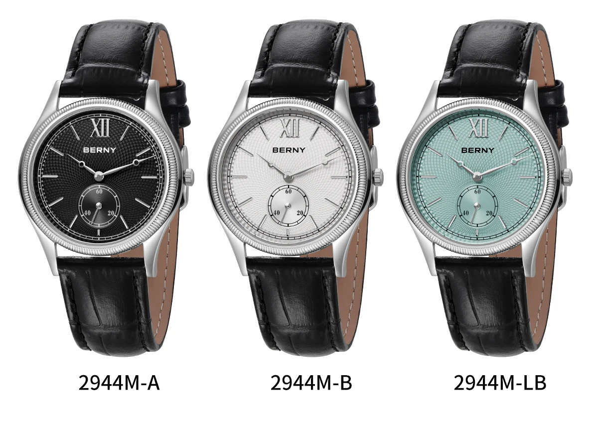 BERNY Watches for Men Luxury Slim Classic Stylish Dress Quartz Watch Stainless Steel Case Elegance Leather Band Wristwatch