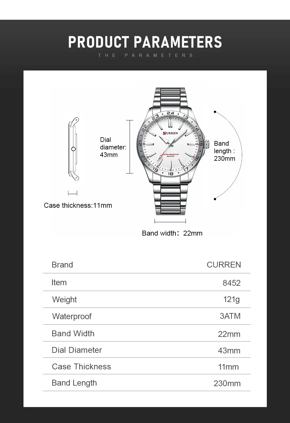 CURREN 8452 Men Quartz Watch Simple Fashion Leisure Business Clock Black Silvery Stainless Steel Strap Wristwatch for Male