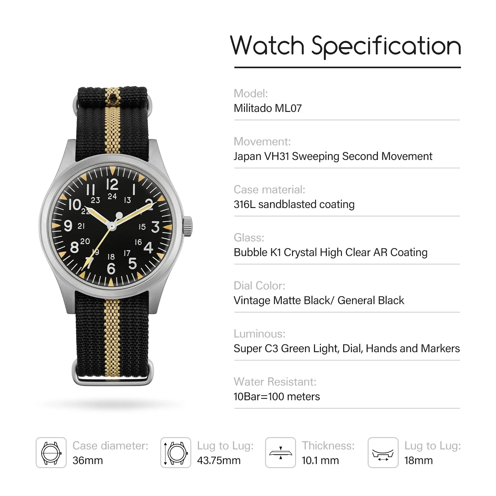 Militado ML07 Military Watch VH31 Quartz Movement Sapphire Crystal Luminous AR Coating Vintage Watches 100m Waterproof