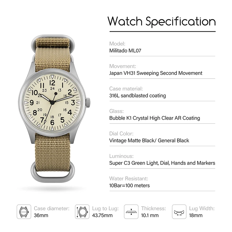 Militado ML07 Military Watch VH31 Quartz Movement Sapphire Crystal Luminous AR Coating Vintage Watches 100m Waterproof