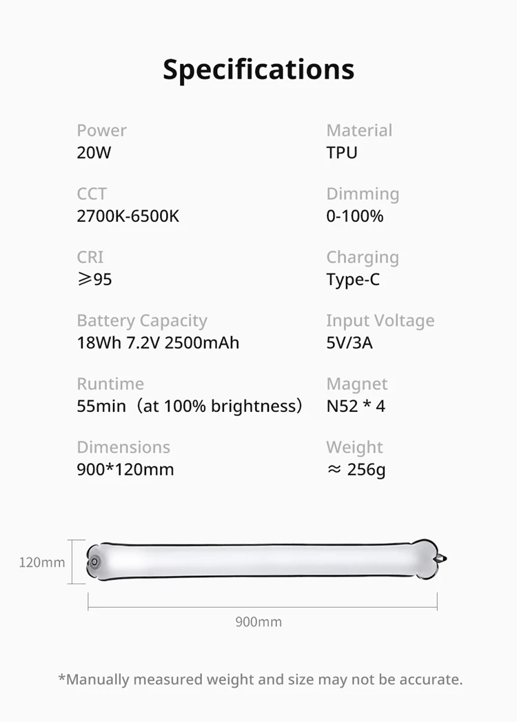 Ulanzi UA20 20W Portable Air Tube Light Foldable Bi-color Fill Light for Live-streaming Outdoor Fill Light Air Tube Light