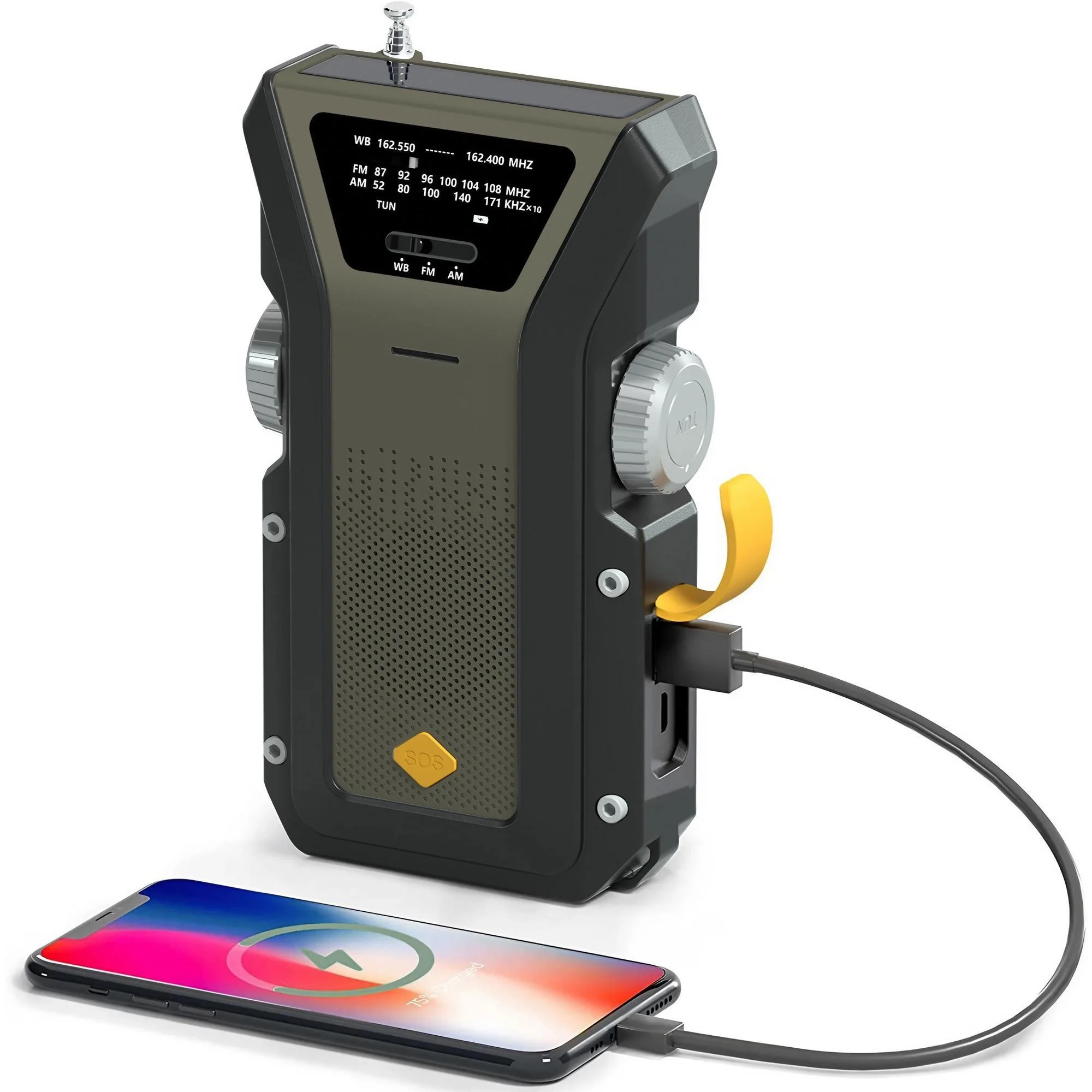 Weather Radio Emergency Multifunctional Radio FM AM WB Hand Crank Solar USB Charging 2000mAh Power Bank LED Flashlight Torch