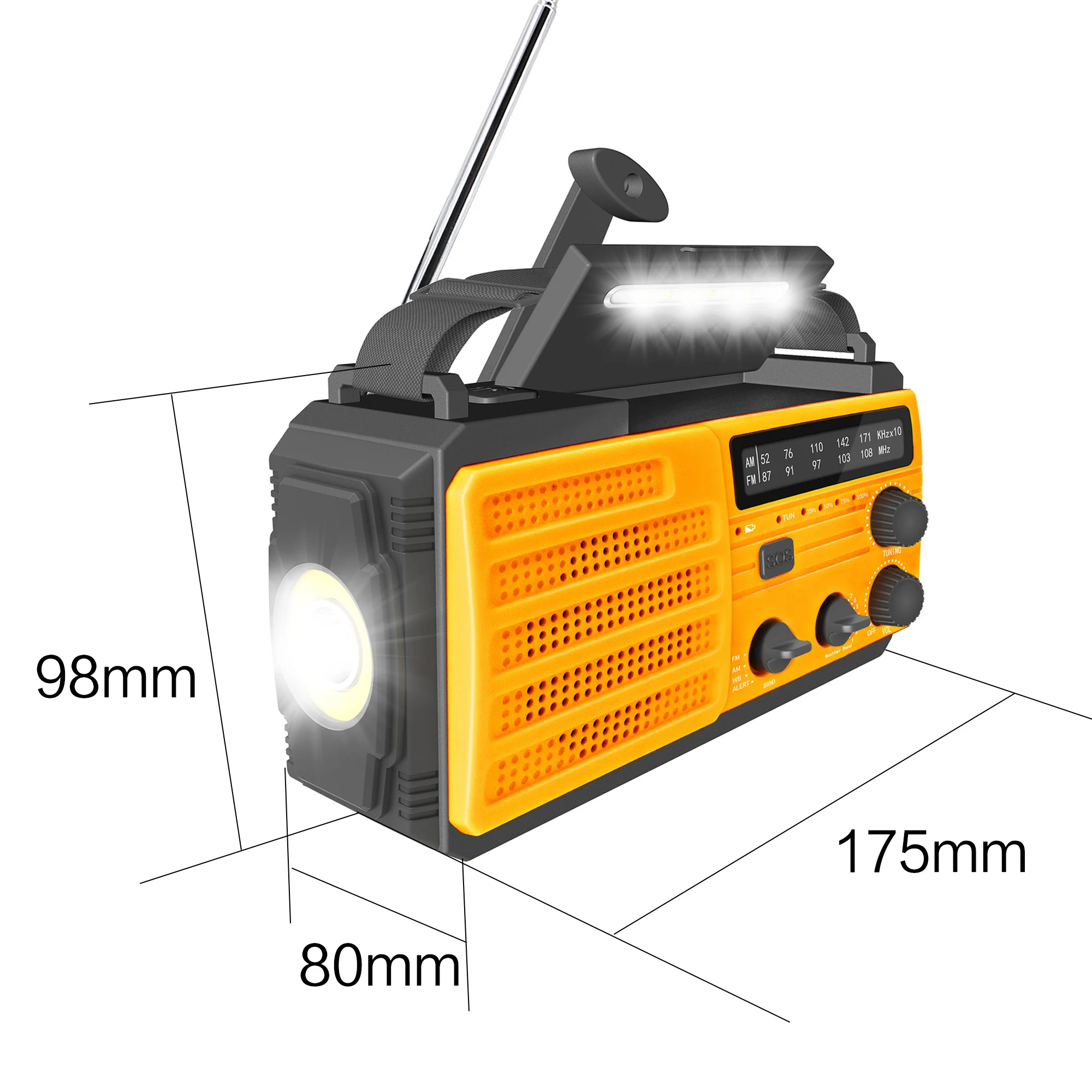 Weather Radio Emergency Multifunctional Radio FM AM WB Hand Crank Solar USB Charging 2000mAh Power Bank LED Flashlight Torch