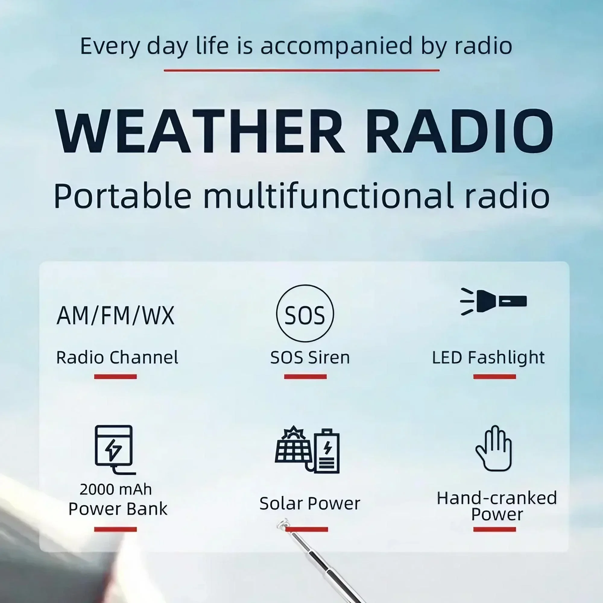 Weather Radio Emergency Multifunctional Radio FM AM WB Hand Crank Solar USB Charging 2000mAh Power Bank LED Flashlight Torch