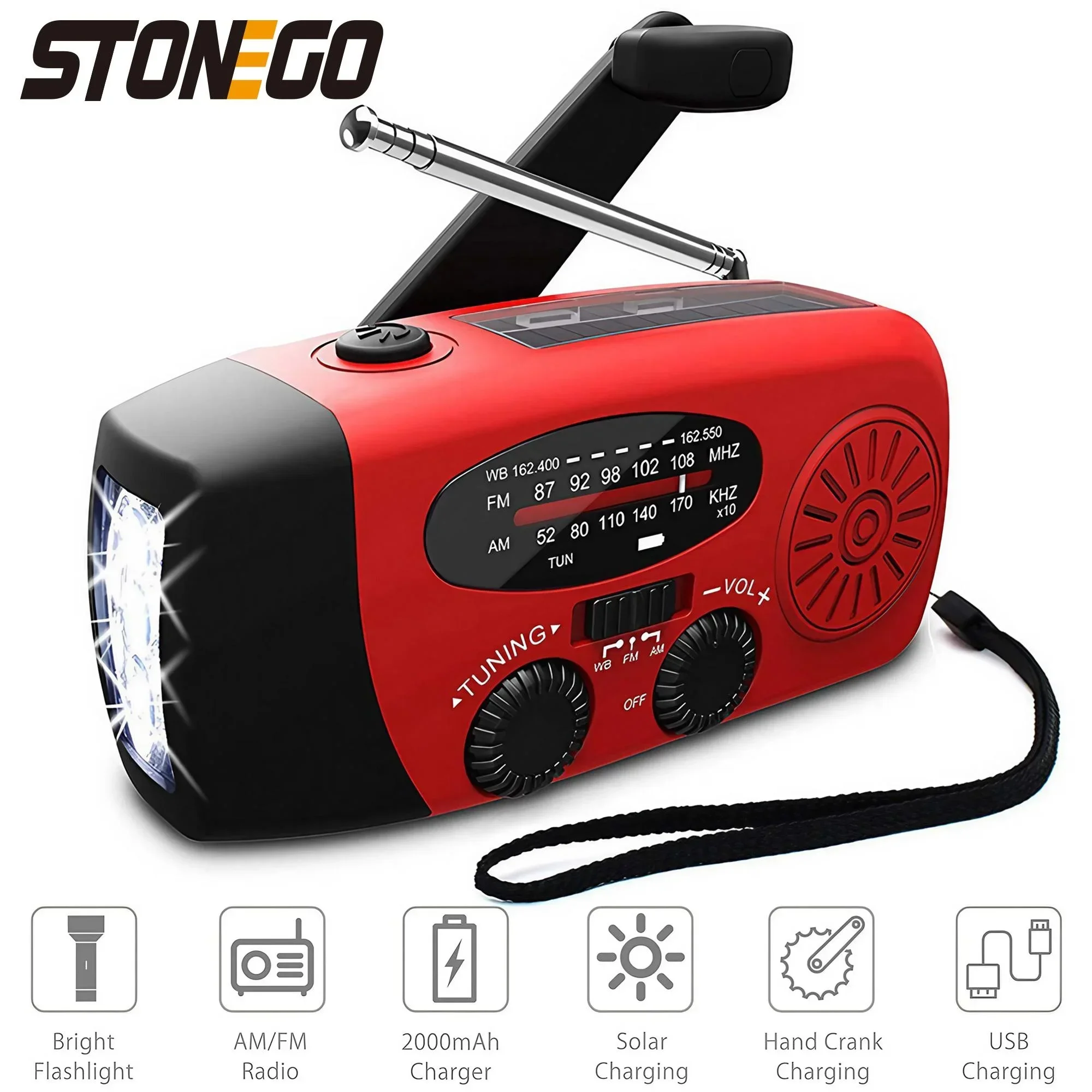 Weather Radio Emergency Multifunctional Radio FM AM WB Hand Crank Solar USB Charging 2000mAh Power Bank LED Flashlight Torch
