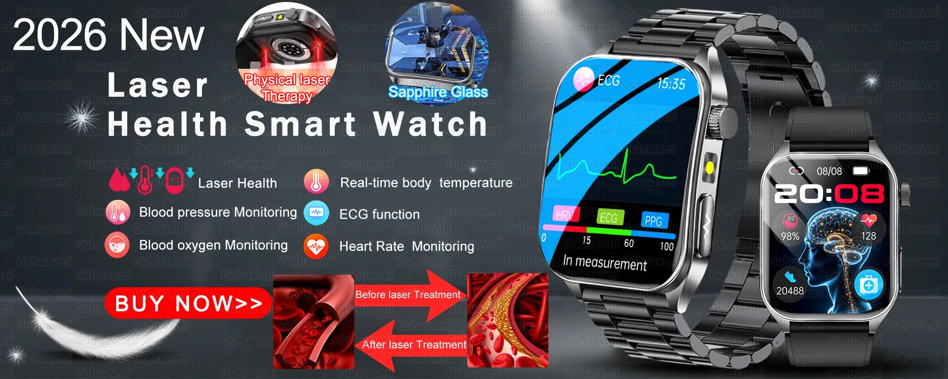 2026 New 650nm Laser Therapy Health Smartwatch Men ECG Blood Pressure Lipid Uric Acid Bluetooth Call Smart Watch For Android IOS