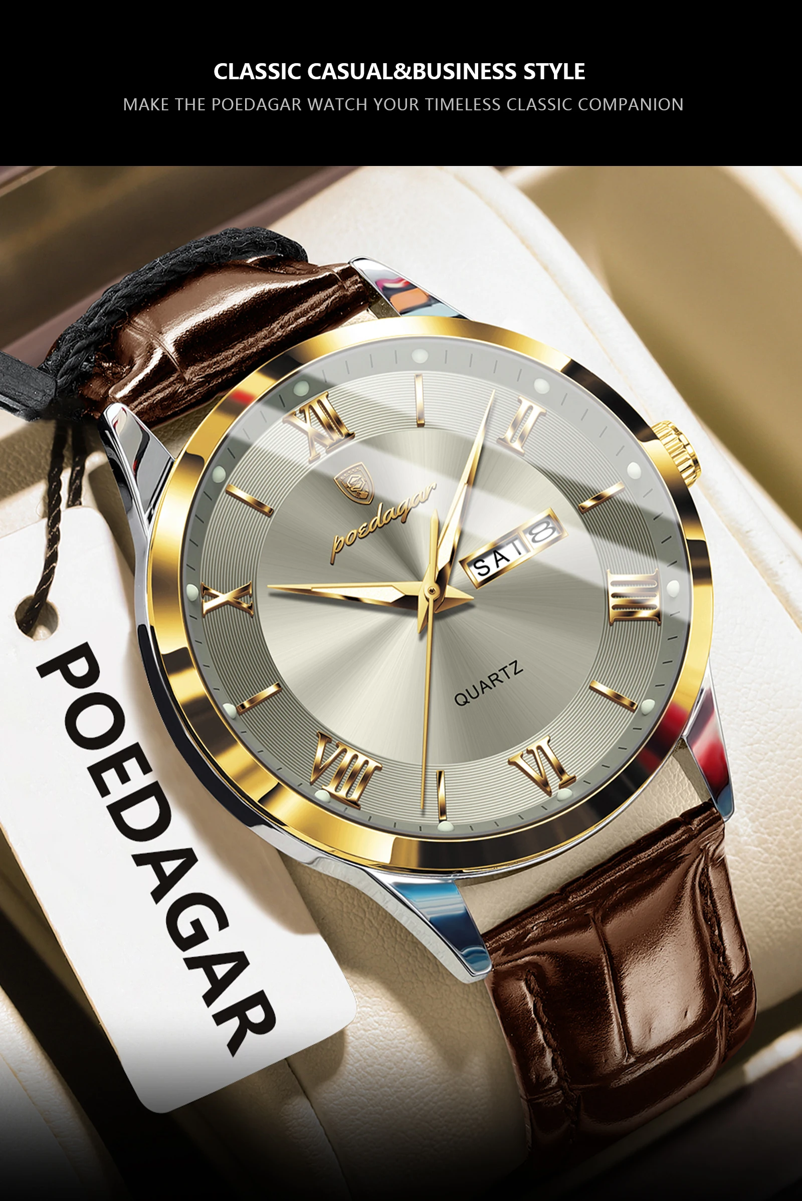 POEDAGAR Original Fashion Watch For Man Leather Date Week Quartz Men Watch Waterproof Luminous Business Men's Watches Male Reloj