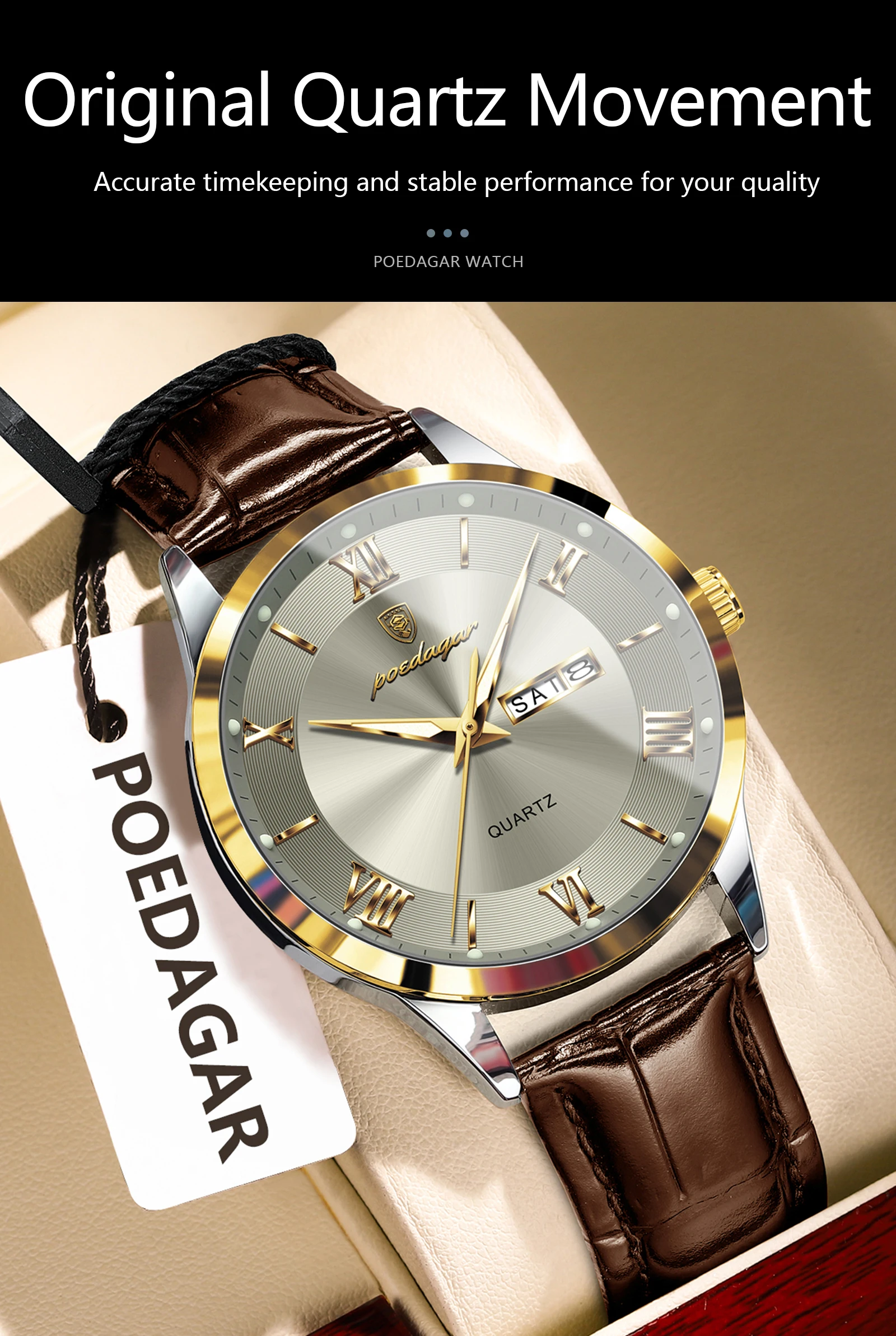 POEDAGAR Original Fashion Watch For Man Leather Date Week Quartz Men Watch Waterproof Luminous Business Men's Watches Male Reloj