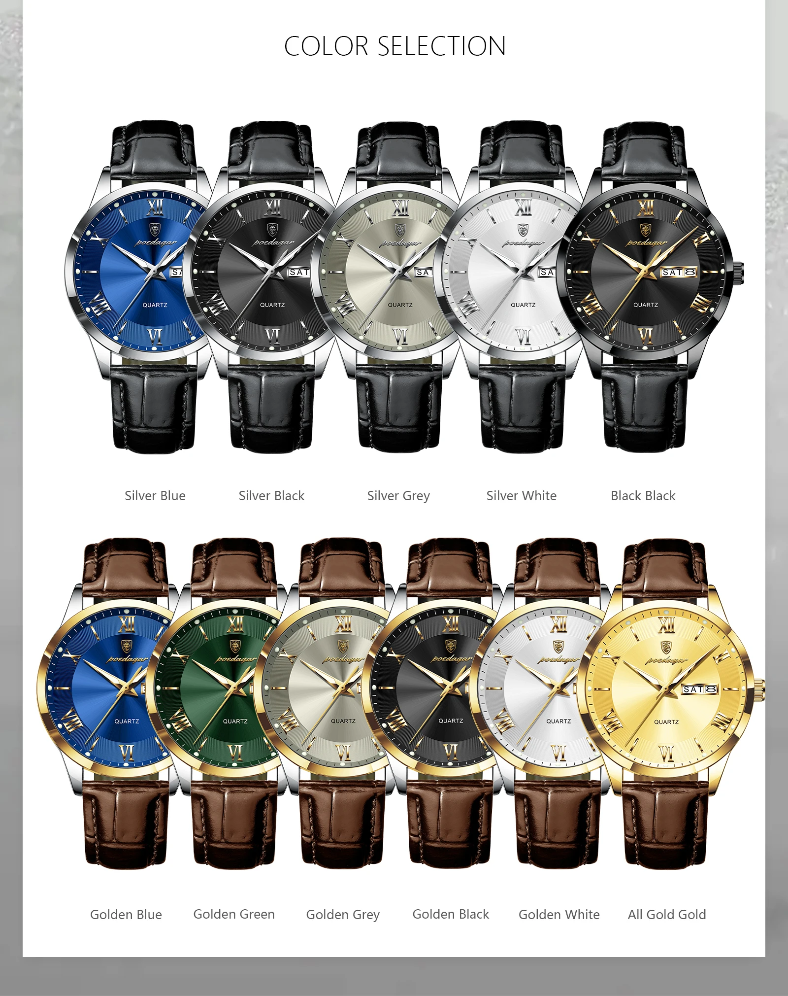 POEDAGAR Original Fashion Watch For Man Leather Date Week Quartz Men Watch Waterproof Luminous Business Men's Watches Male Reloj