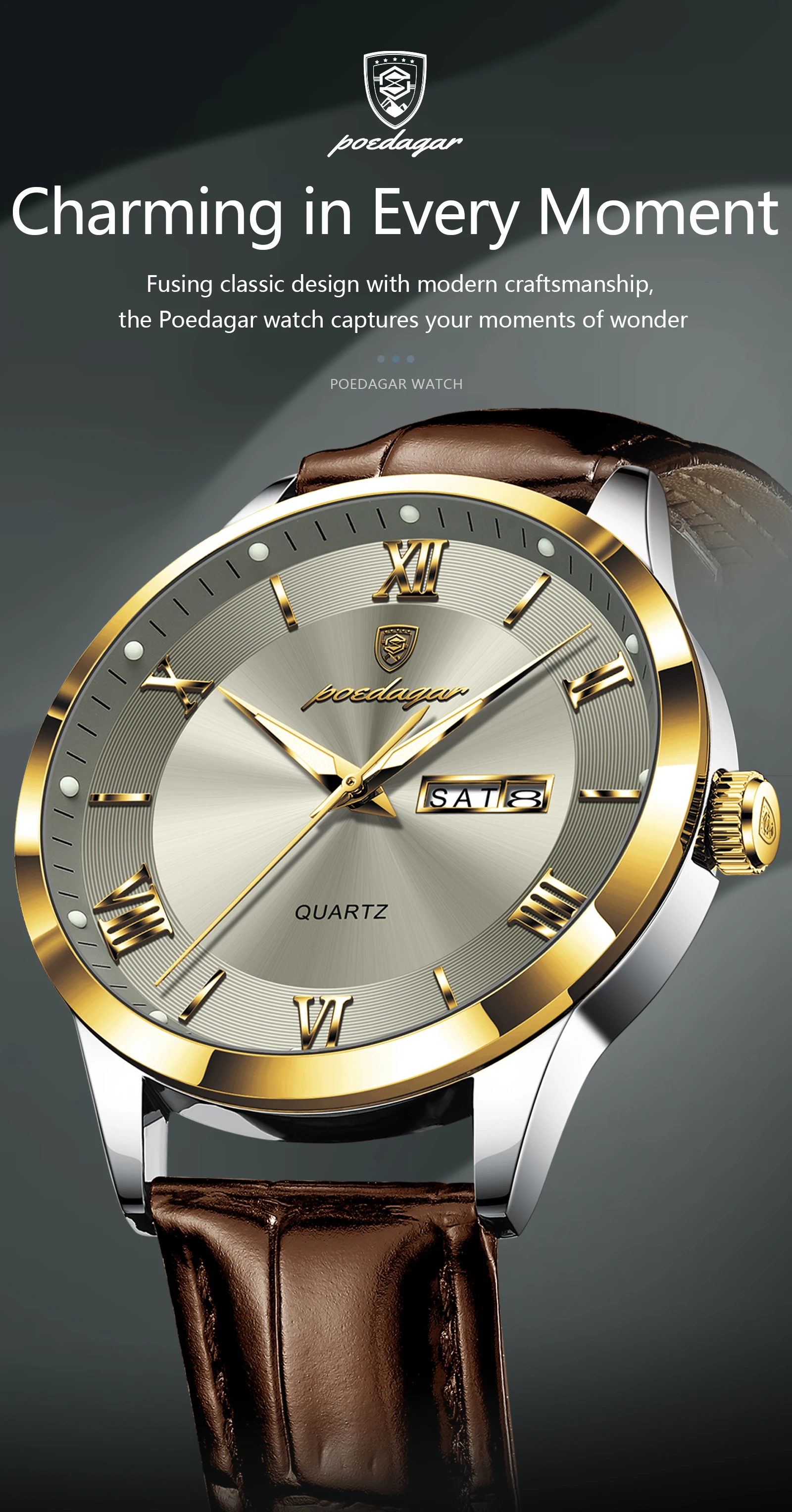POEDAGAR Original Fashion Watch For Man Leather Date Week Quartz Men Watch Waterproof Luminous Business Men's Watches Male Reloj