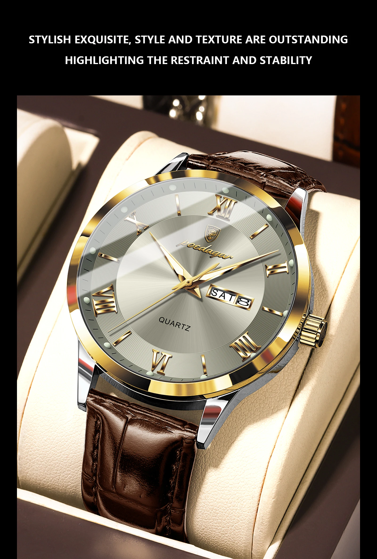 POEDAGAR Original Fashion Watch For Man Leather Date Week Quartz Men Watch Waterproof Luminous Business Men's Watches Male Reloj