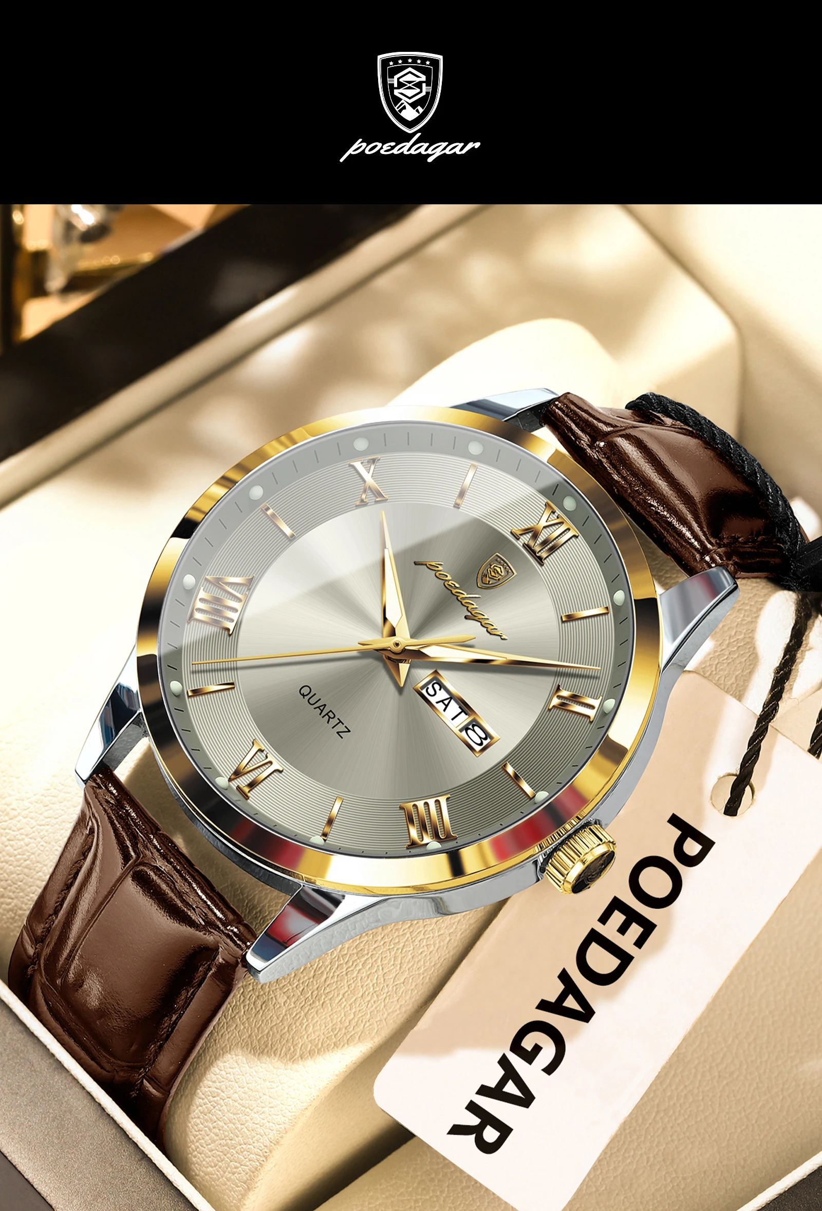 POEDAGAR Original Fashion Watch For Man Leather Date Week Quartz Men Watch Waterproof Luminous Business Men's Watches Male Reloj