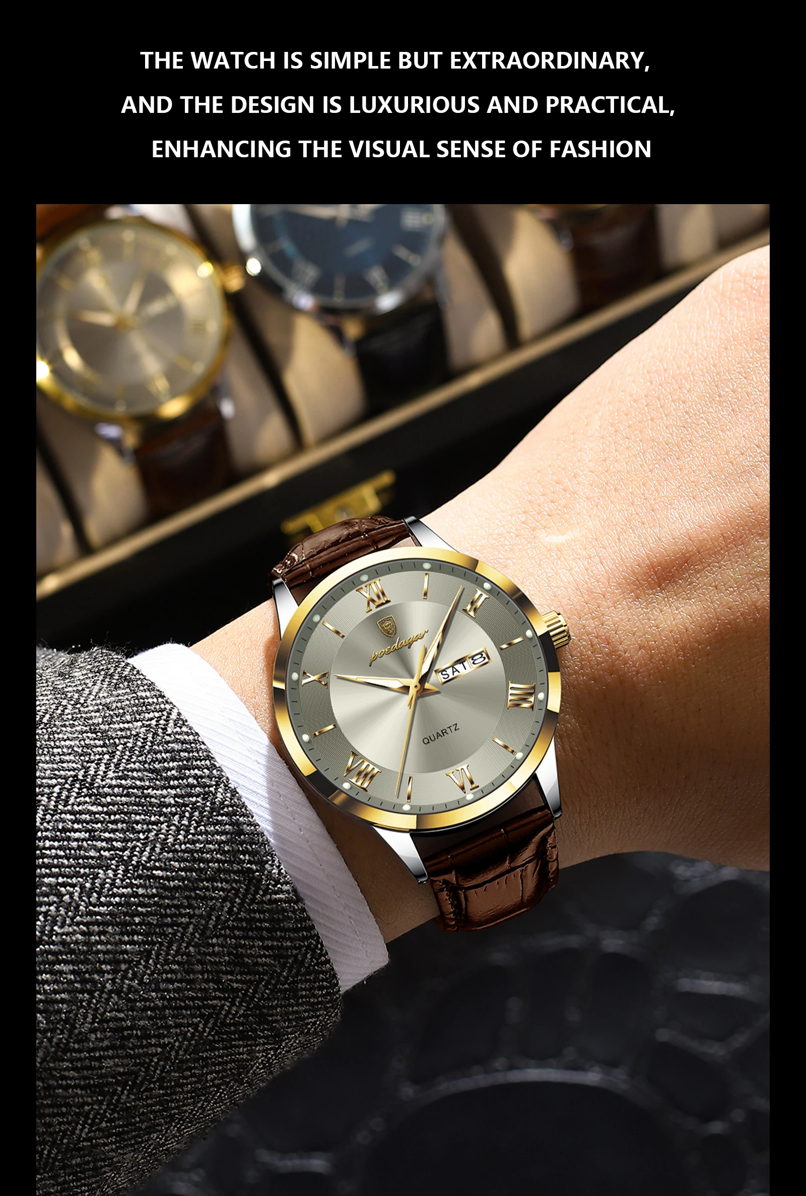 POEDAGAR Original Fashion Watch For Man Leather Date Week Quartz Men Watch Waterproof Luminous Business Men's Watches Male Reloj