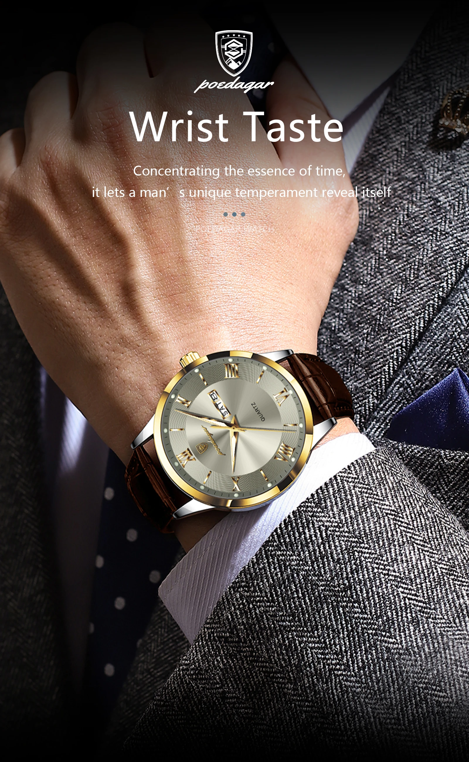 POEDAGAR Original Fashion Watch For Man Leather Date Week Quartz Men Watch Waterproof Luminous Business Men's Watches Male Reloj
