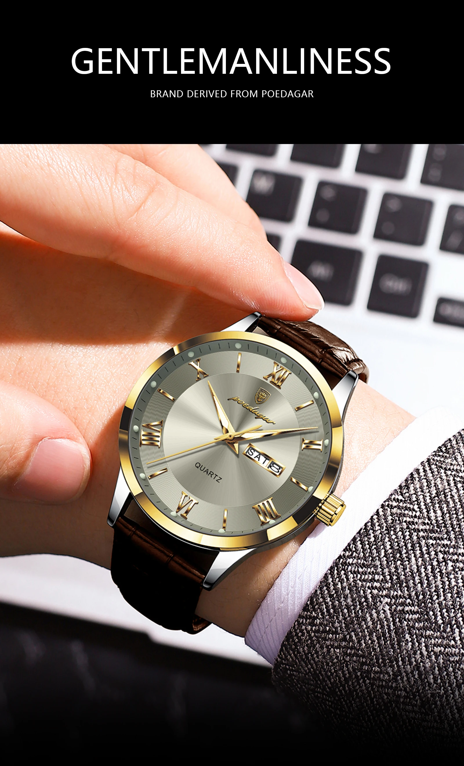 POEDAGAR Original Fashion Watch For Man Leather Date Week Quartz Men Watch Waterproof Luminous Business Men's Watches Male Reloj