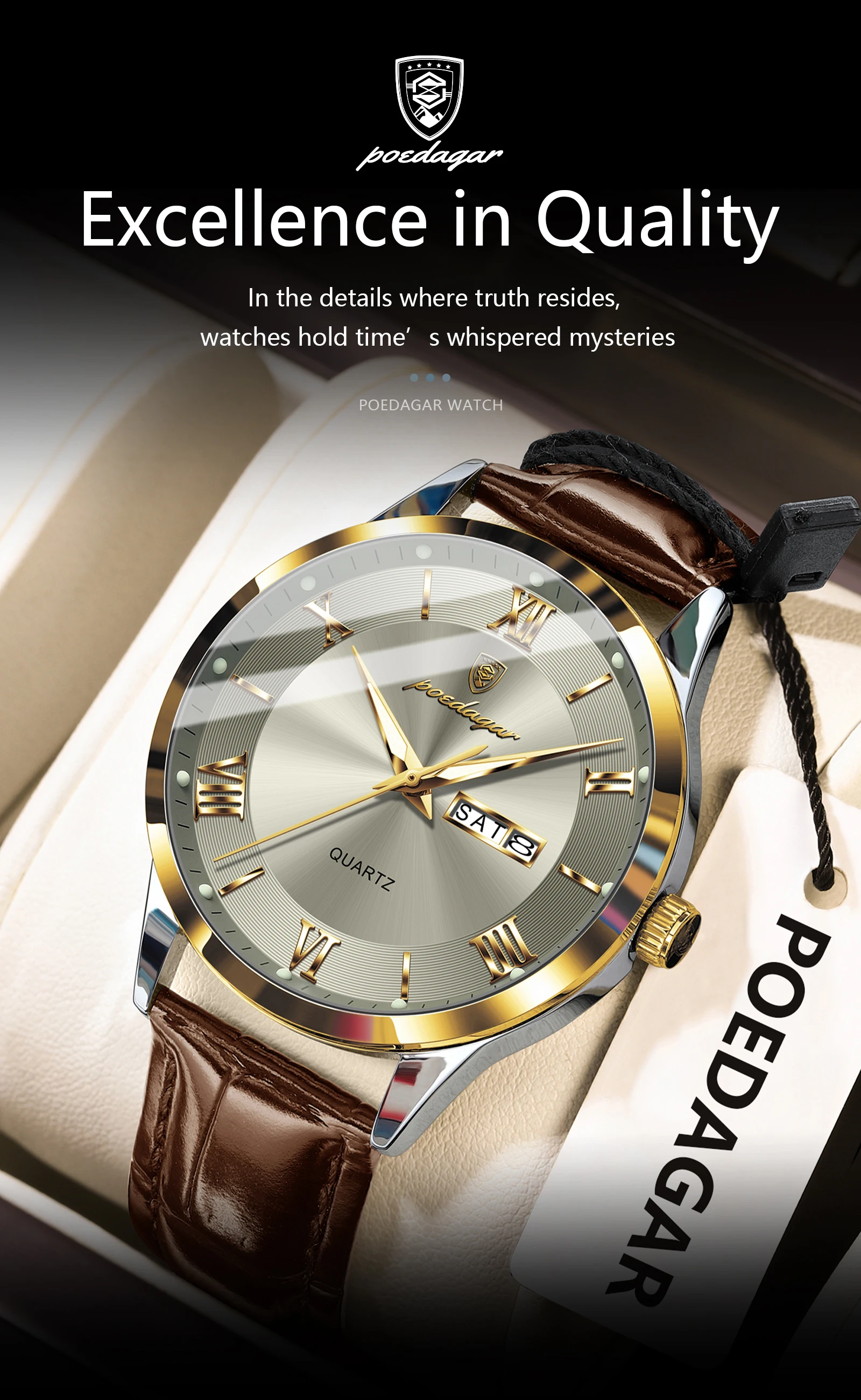 POEDAGAR Original Fashion Watch For Man Leather Date Week Quartz Men Watch Waterproof Luminous Business Men's Watches Male Reloj