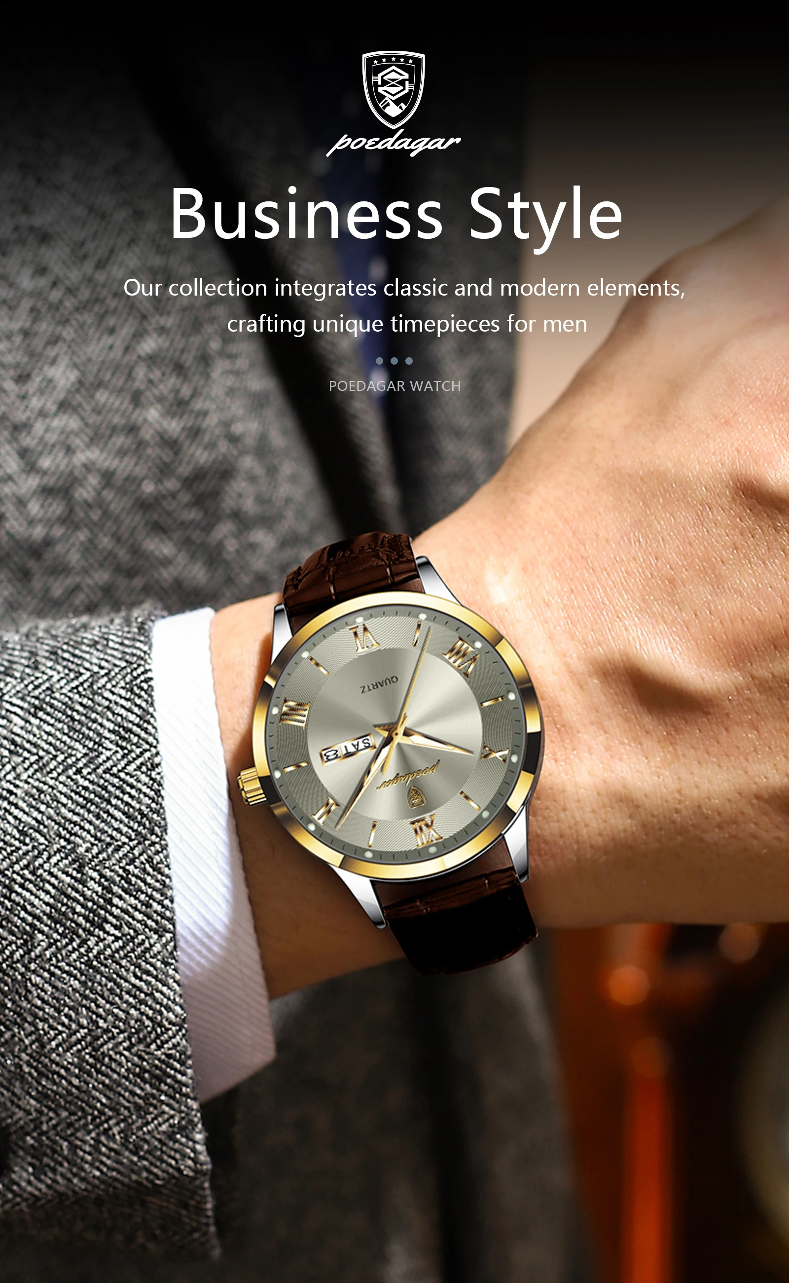 POEDAGAR Original Fashion Watch For Man Leather Date Week Quartz Men Watch Waterproof Luminous Business Men's Watches Male Reloj