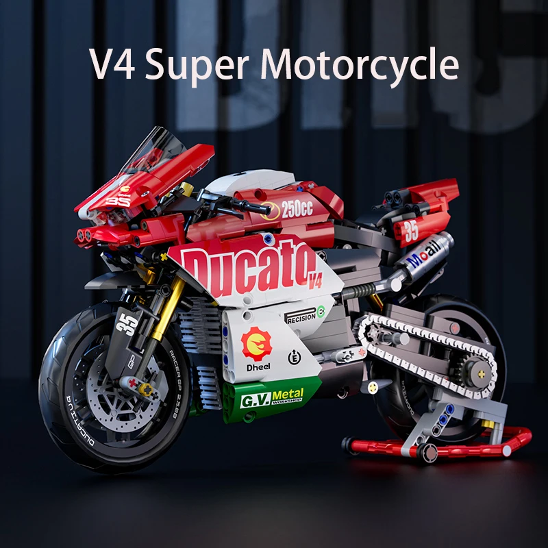 Famous V4 Motorcycle Building Blocks Set,Super Motorbike Model Kit,Technical Racing,STEM Assembled Toys Gifts For Boys And Girls