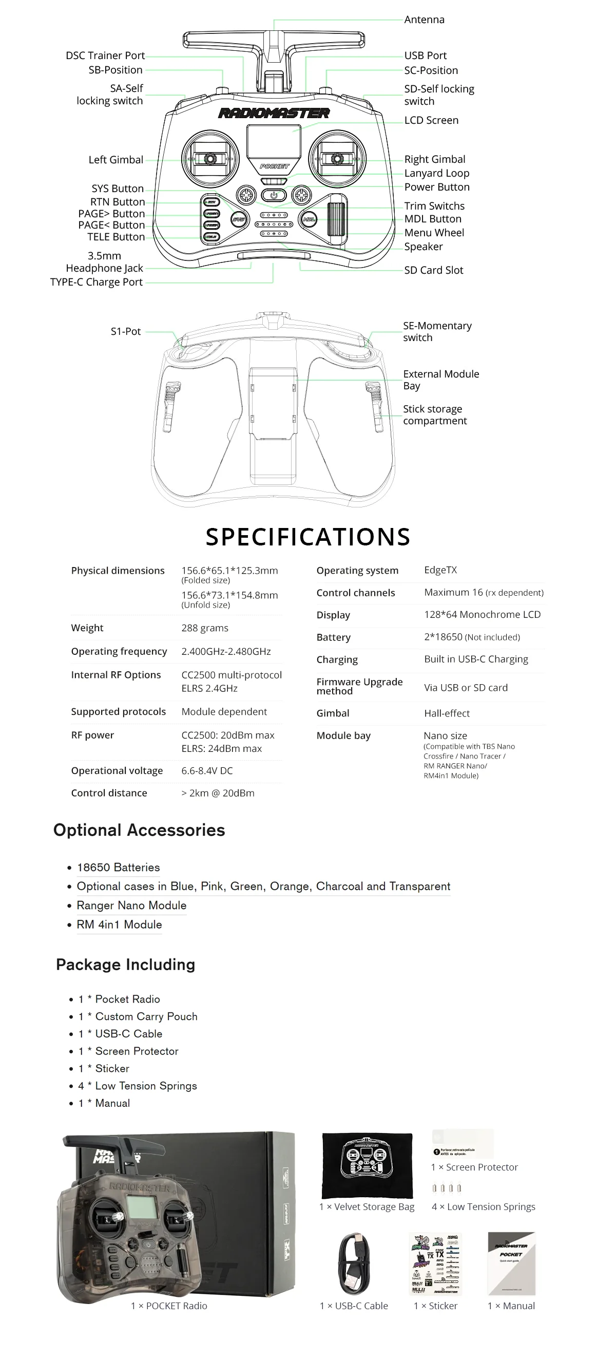 Radiomaster Pocket EdgeTX 2.4G Radio Controller FCC LBT (Mode2 Left-handed Throttle ) CC2500 / ELRS Hall Gimbal Transmitter