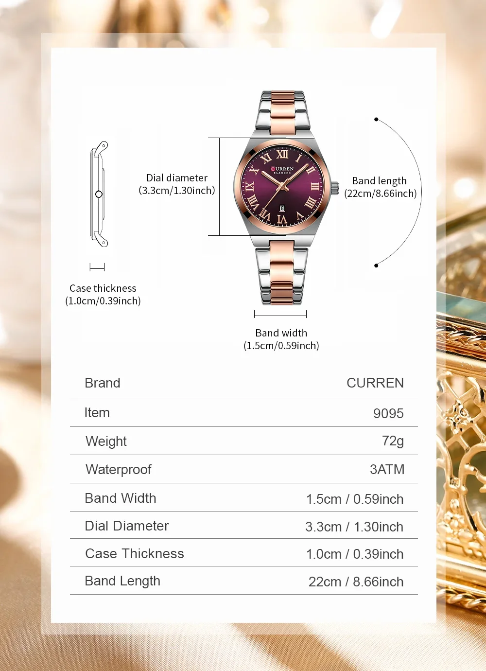 CURREN Watch Women,Watches for Women,Ladies Watches,Waterproof Fashion Dress Stainless Steel Bracelet Analog Watches Date