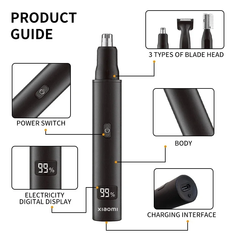 2025 XIAOMI New 3 in 1 Electric Rechargeable Nose Ear Hair Trimmer for Men Painless Sideburns Eyebrows Beard Hair Clipper Shaver