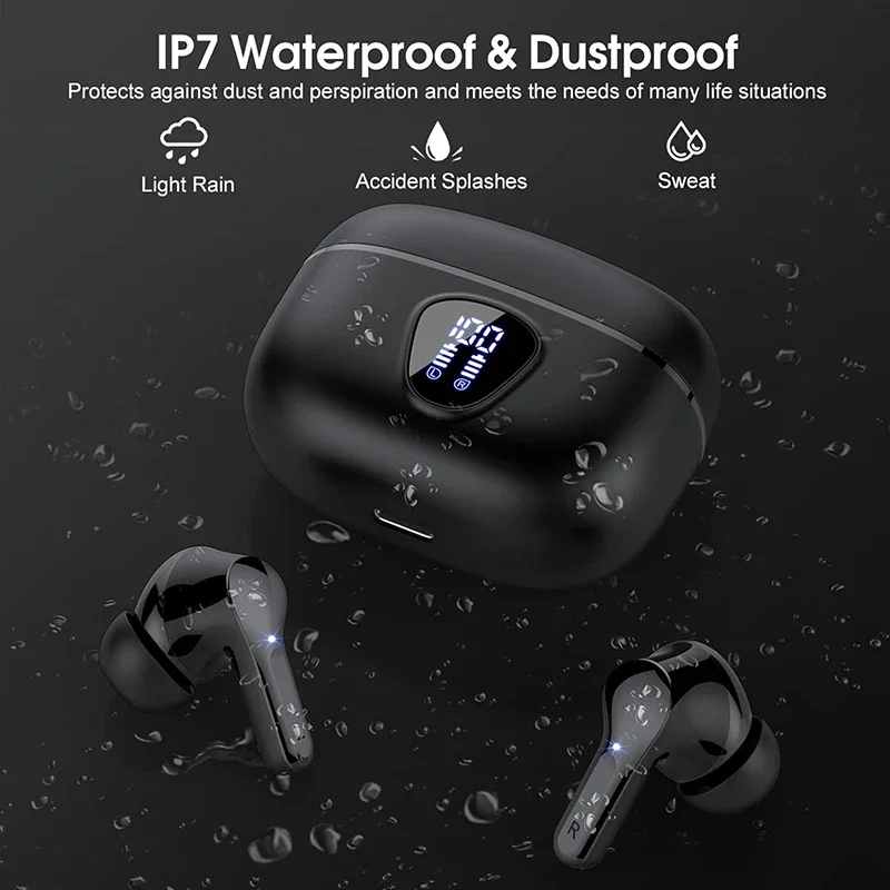 Wireless Earbuds BT5.3 Headphones HiFi Stereo EarBuds with ENC Noise Cancelling Mic 48H LED Display IP7 Waterproof Earphones