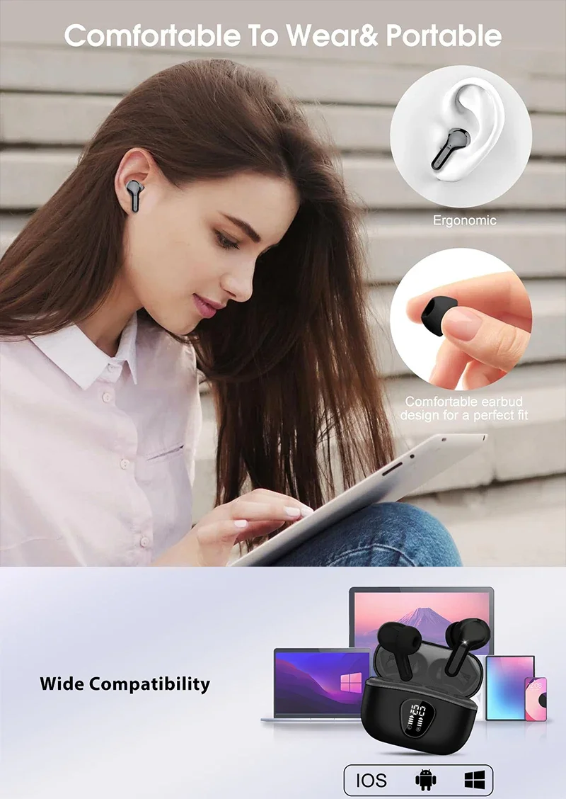 Wireless Earbuds BT5.3 Headphones HiFi Stereo EarBuds with ENC Noise Cancelling Mic 48H LED Display IP7 Waterproof Earphones
